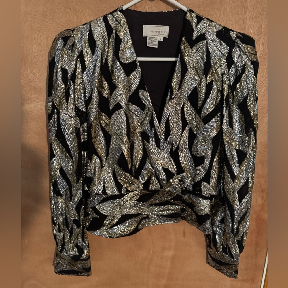 Black blouse with silver and gold floral pattern